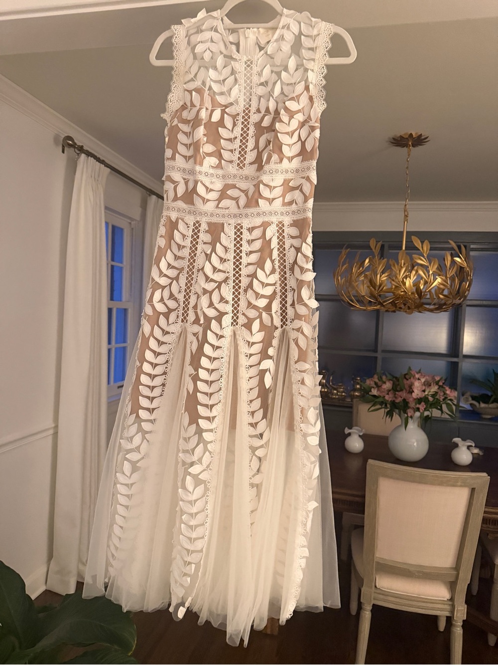 Bronx and Banco White and Nude Leaf Embroidered Maxi Dress